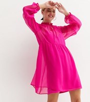 New Look Bright Pink Chiffon Tie Neck Long Sleeve Mini Dress